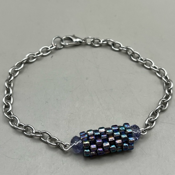 Jewelry - Elegant Handmade Silver Tone Chain Bracelet With Iridescent Blue/Purple Tube